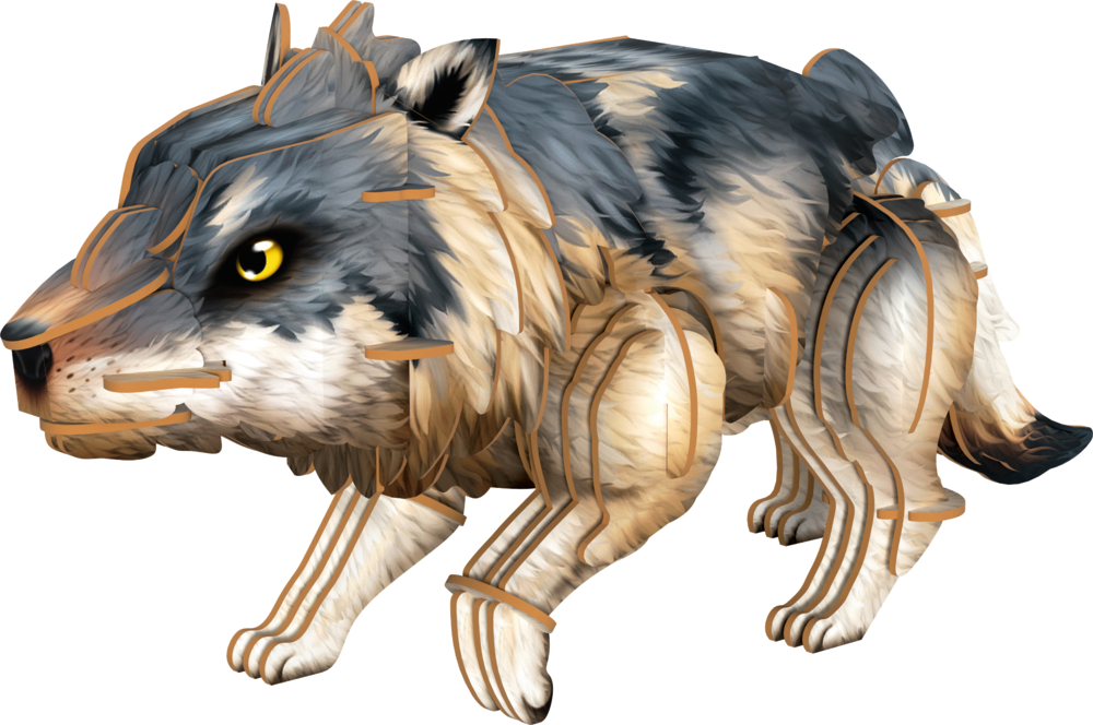 3D-Animation eines Holzpuzzles in Form eines Wolfes mit naturgetreuer Fellzeichnung in Grau-, Beige- und Brauntönen.