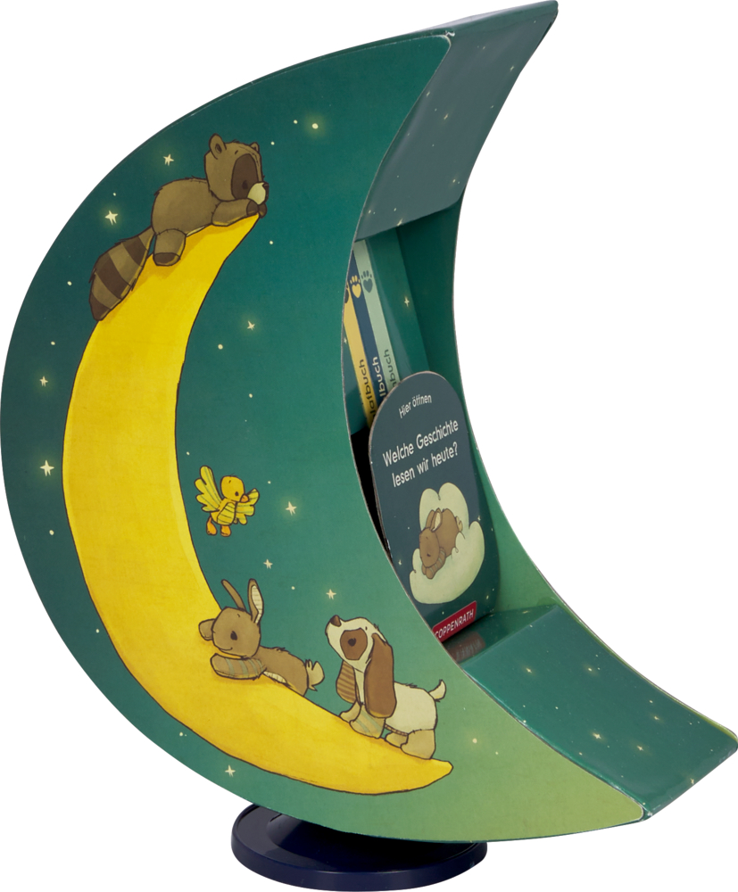 Halbmondförmige Aufbewahrung mit Illustrationen von Waschbär, Hase, Hund und Vogel auf gelbem Mond vor grünem Hintergrund.