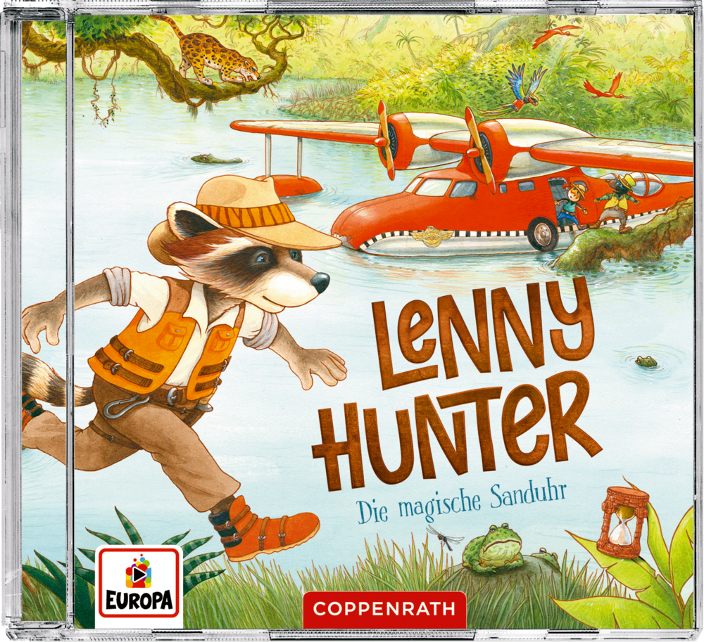 CD-Cover: Waschbär Lenny Hunter erkundet den Dschungel bei einem roten Wasserflugzeug – Die magische Sanduhr.
