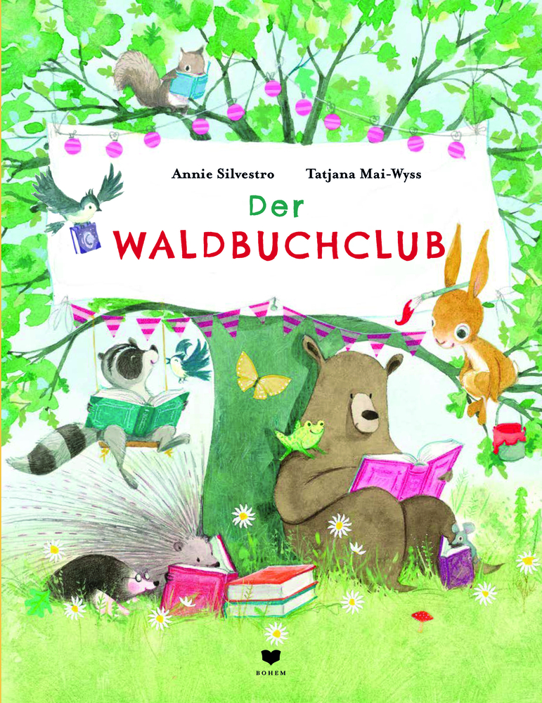 Waldtiere lesen Bücher unter einem Baum, darüber steht der Titel „Der Waldbuchclub“.