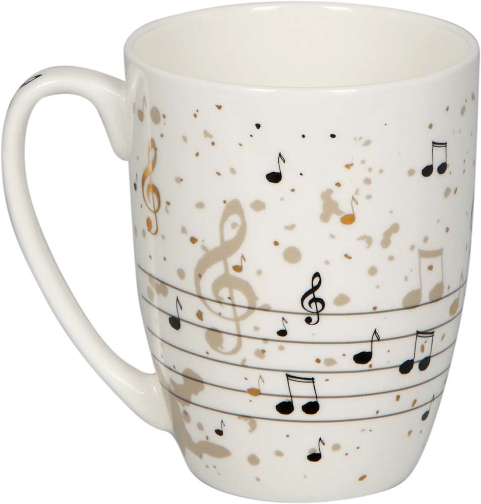 Weiße Tasse mit schwarzen Noten, goldenen Akzenten und einem Notenlinienmuster am unteren Rand.