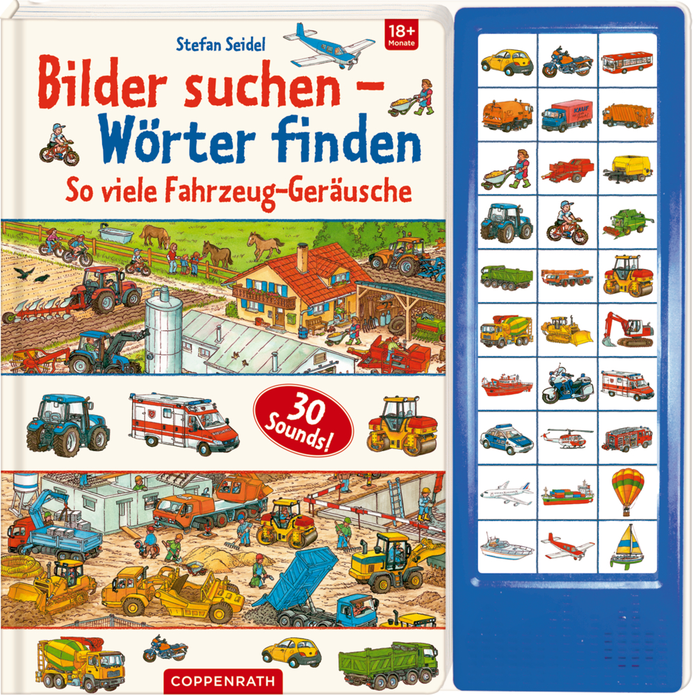 Kinderbuchcover mit bunten Fahrzeugen und einer Soundblende auf der rechten Seite.