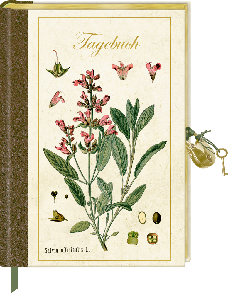 Illustrierter Umschlag mit rosa Salbeiblüten, Blättern, Samen und dem Schriftzug Tagebuch oben.