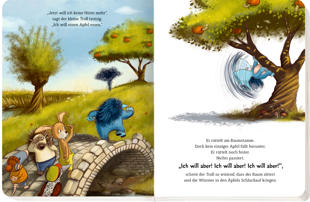 Mürrischer blauer Troll mit verschränkten Armen auf dem Cover des Buches „Der Grolltroll“.