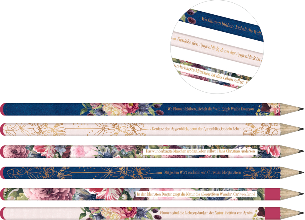 Sechs Bleistifte mit floralen Mustern in Blau-, Rosa- und Goldtönen sowie goldener und kupferfarbener Schrift.