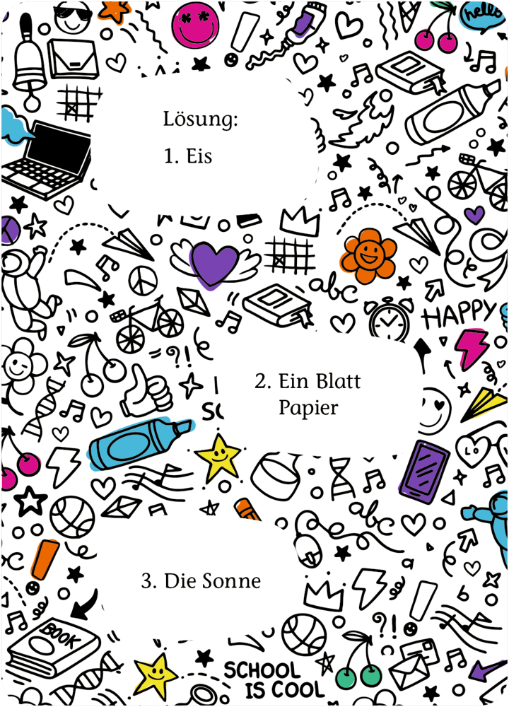 Gekritzelhintergrund mit drei weißen Kästchen mit der Aufschrift: 1. Eis, 2. Blatt Papier, 3. Sonne.
