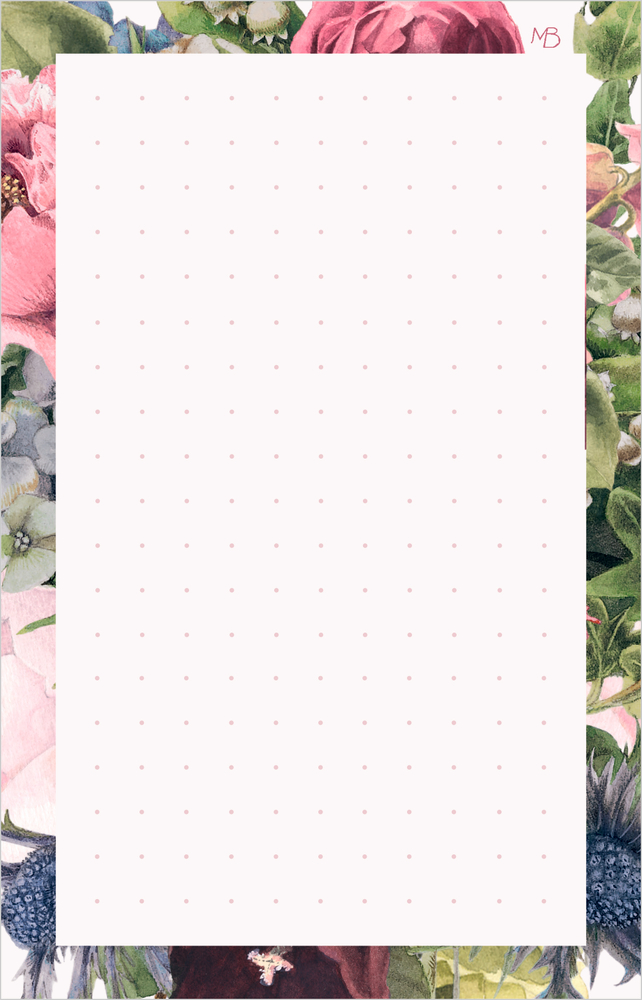 Notizzettel mit rosa Punktmuster und floralem Rand aus bunten Blumen und grünen Blättern