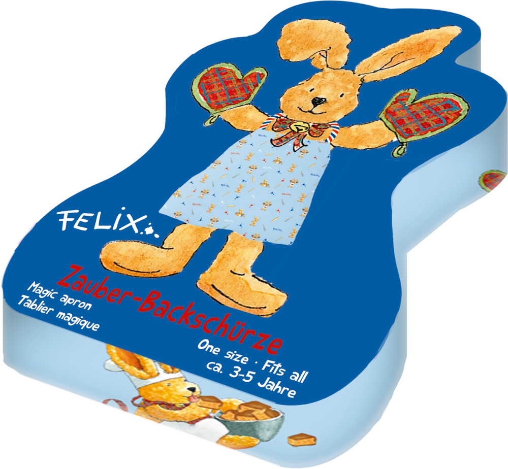 Flaches, blaues Päckchen mit den Umrissen eines Hasen sowie Aufdruck eines Hasen mit Topflappen.
