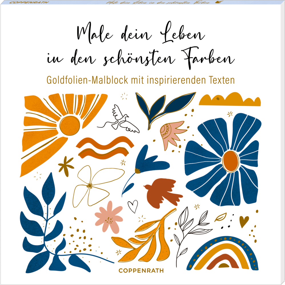 Abstrakte Blumen, Blätter und Vögel in Blau, Gold und Orange; handschriftlicher deutscher Text.