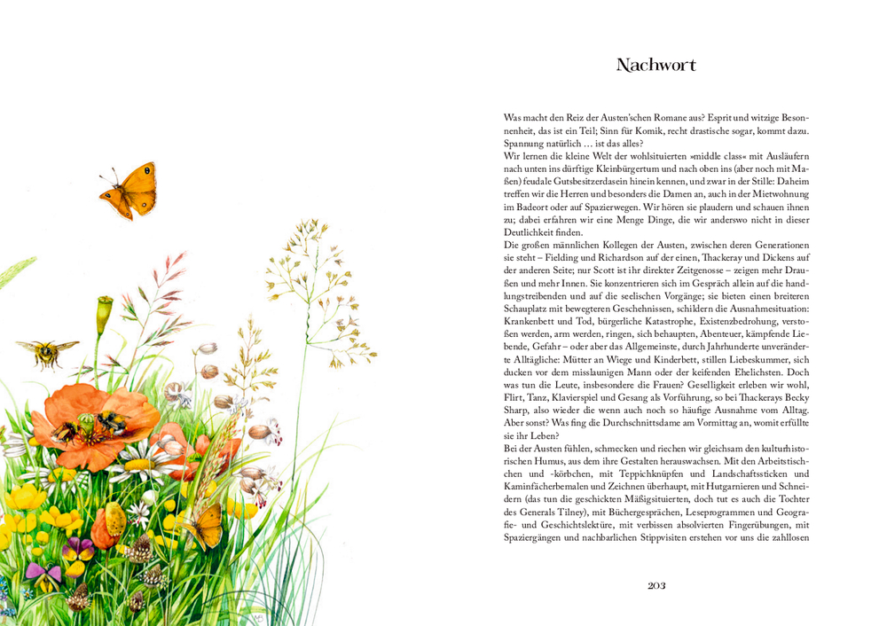 Innenseiten: Leuchtende Wildblumen, Gräser und Schmetterlinge säumen einen den Textblock mit dem Titel „Nachwort.