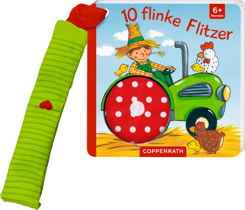 Kinderbuch „10 flinke Flitzer“ mit beiliegender grüner Stoffschlaufe und einem Trecker mit Mann auf dem Cover.