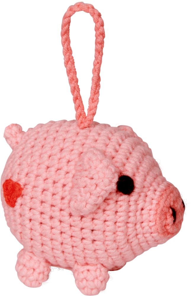 Rosa gehäkelter Schlüsselanhänger in Form eines Schweins mit einer Schlaufe oben und einem kleinen roten Herz an der Seite.