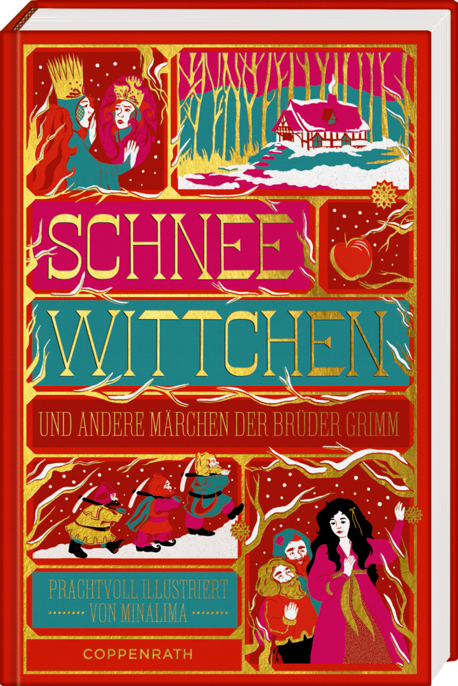 Farbenfroher Schneewittchen-Bucheinband mit Märchenillustrationen und kunstvollem Goldtext.