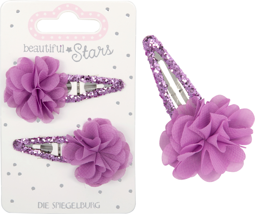 Zwei glitzernde lila Haarspangen mit Stoffblumen auf einer gepunkteten Displaykarte mit der Aufschrift „Beautiful Stars“.