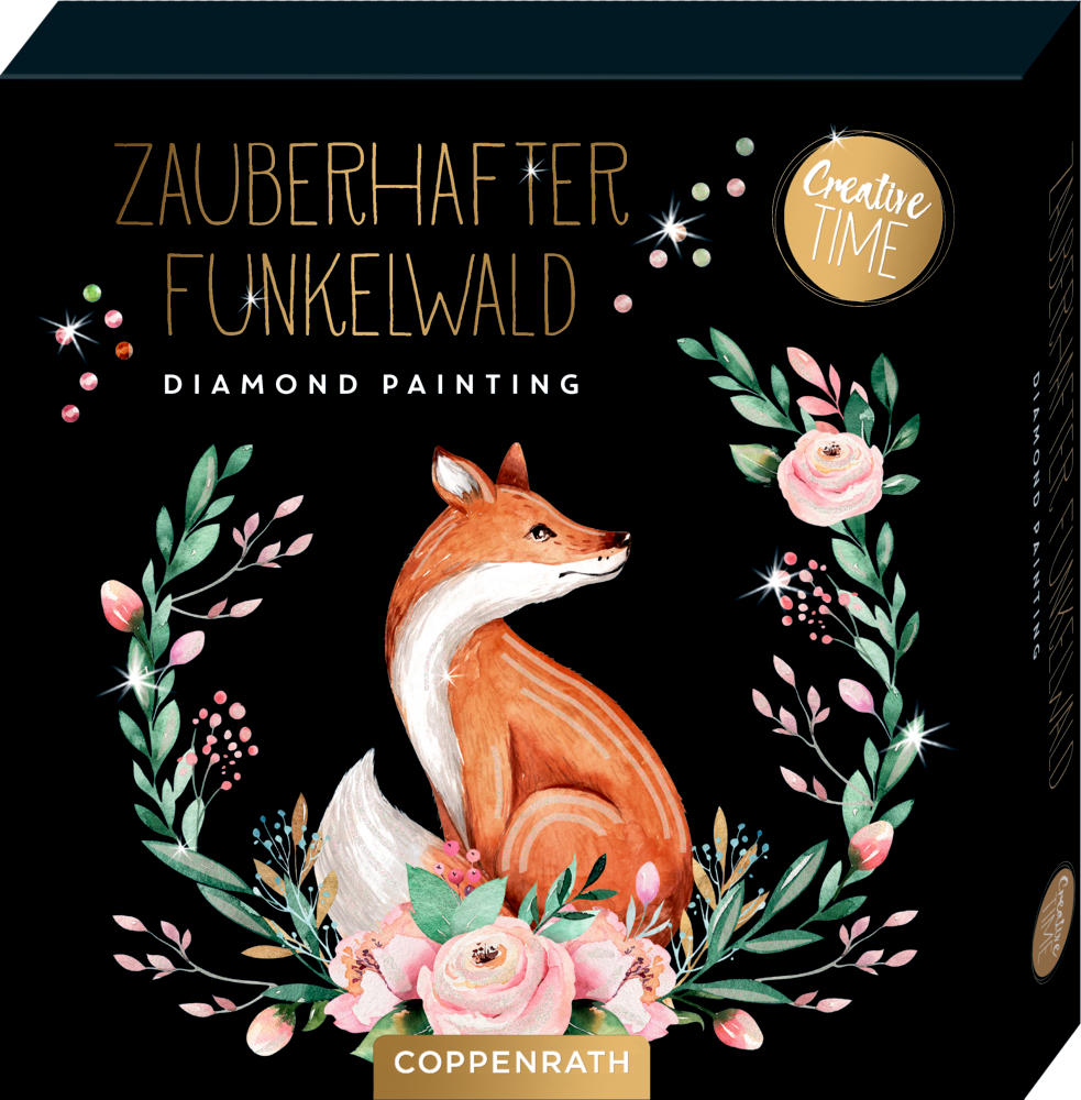 Fuchs zwischen Blumen und Blättern auf schwarzem Hintergrund, beschriftet mit „Zauberhafter Funkelwald“.