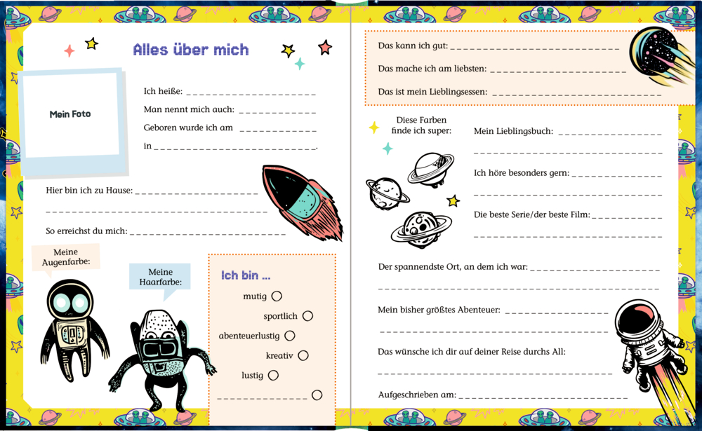 Bunte Freundebuchseite zum Ausfüllen mit Weltraumthema: Raketen, Planeten, Roboter.