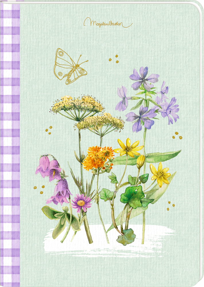 Bunte Wildblumen, ein Schmetterling und goldene Akzente zieren einen grÃ¼n-violetten Notizbucheinband.