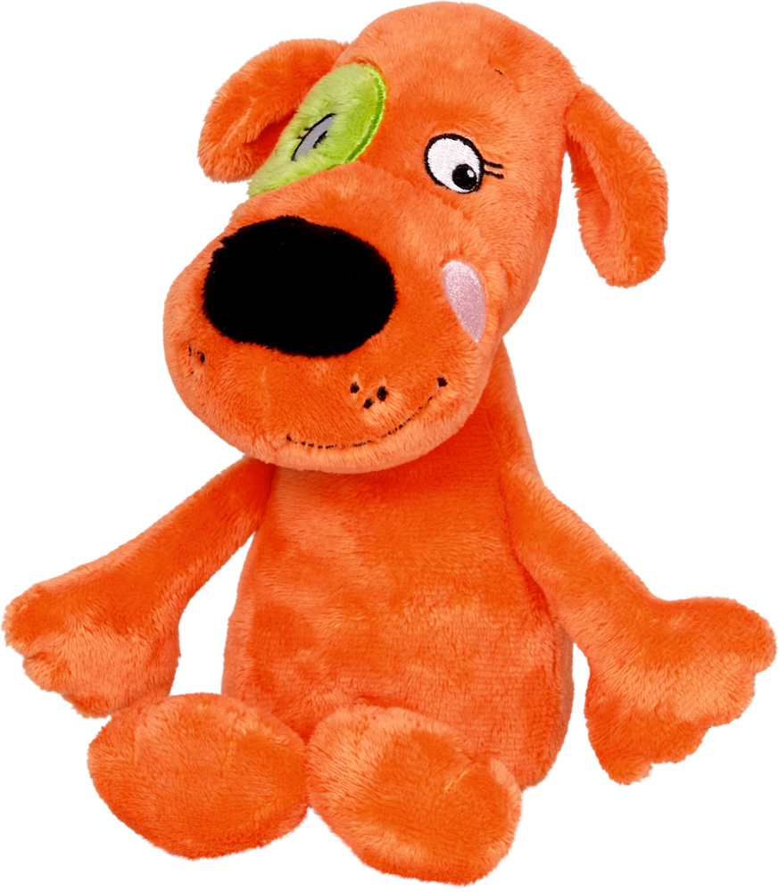 Orangefarbenes Plüsch-Hundespielzeug mit großer schwarzer Nase, grüner Augenklappe und einem freundlichen Lächeln.
