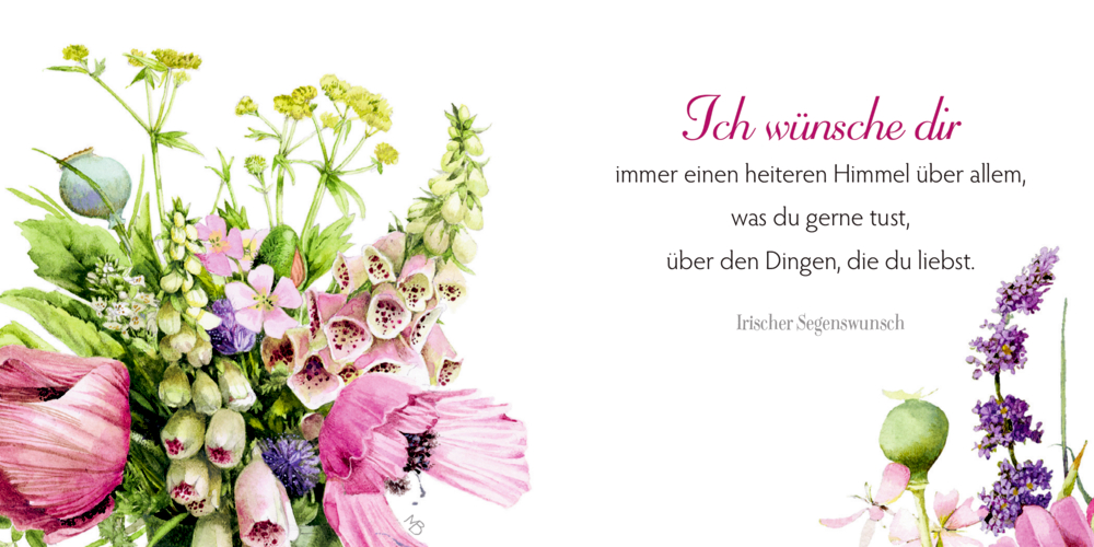 Links sind Aquarellblumen und rechts  Segenstext mit floralen Akzenten, auf einer Innenanicht.