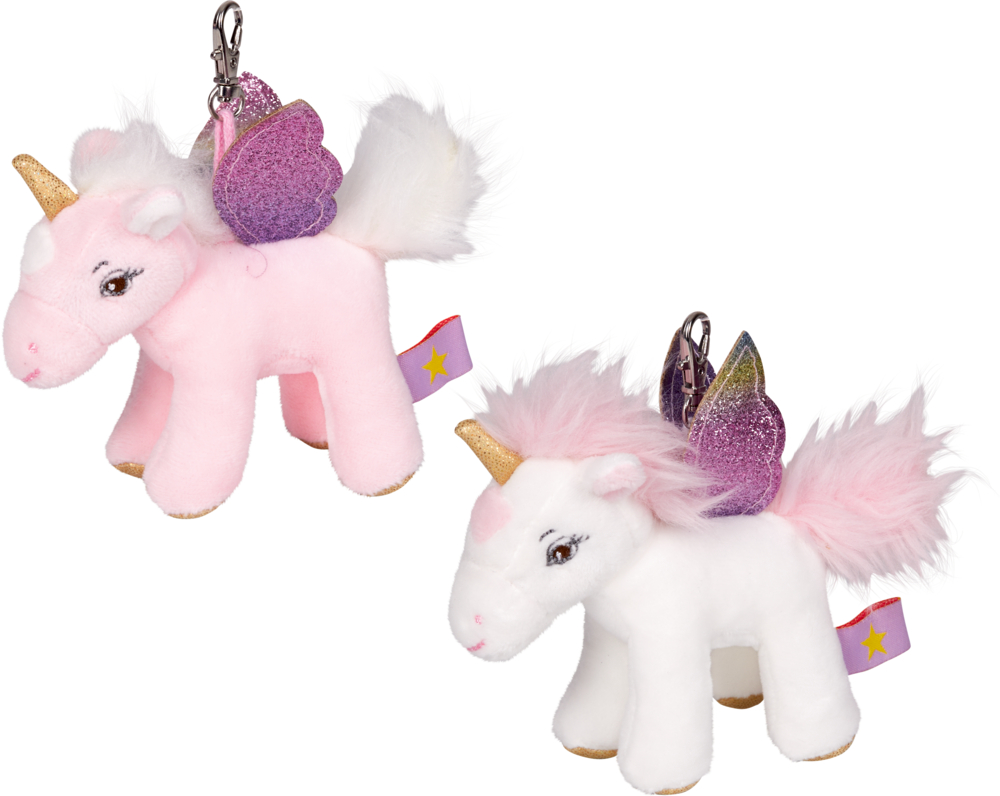 Zwei Plüsch-Einhorn-Schlüsselanhänger, rosa und weiß, mit goldenen Hörnern und lila Glitzerflügeln.