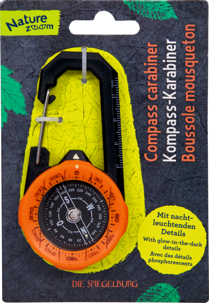 Schwarzer Karabiner mit orangefarbenem Kompass und schwarzem Ziffernblatt an Kartonverpackung.