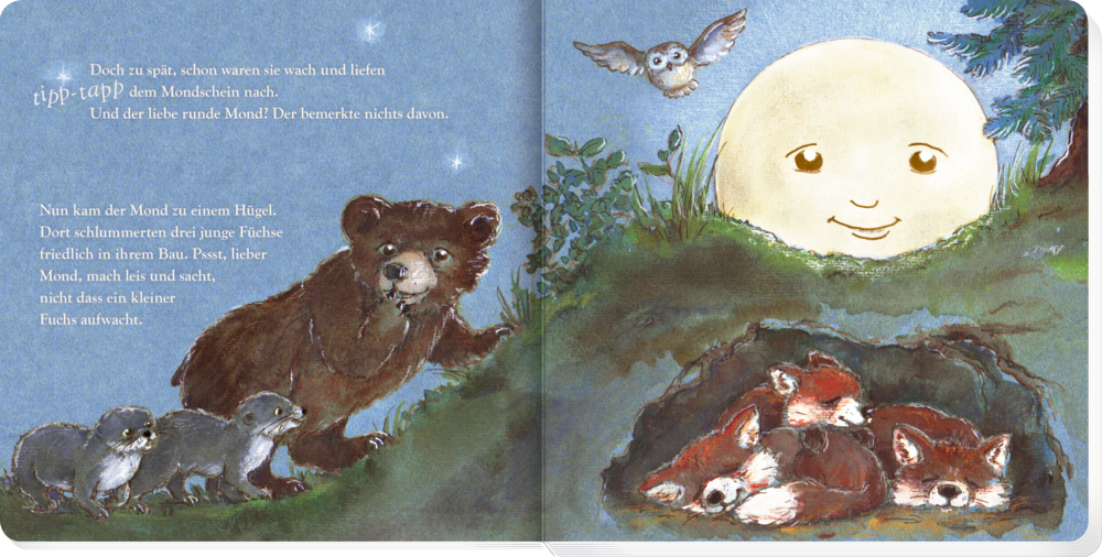 Buchinnenseite mit freundlich lÃ¤chelndem Vollmond, der Ã¼ber einen HÃ¼gel mit einer schlafenden Fuchsfamilie schaut.