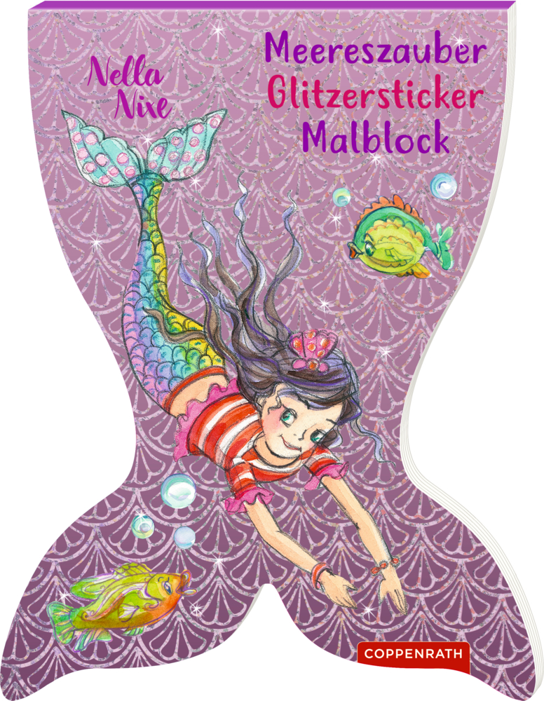 Malblock in Form einer Flosse: Illustrierte Meerjungfrau schwimmt mit zwei Fischen unter Wasser. Violetter Hintergrund.