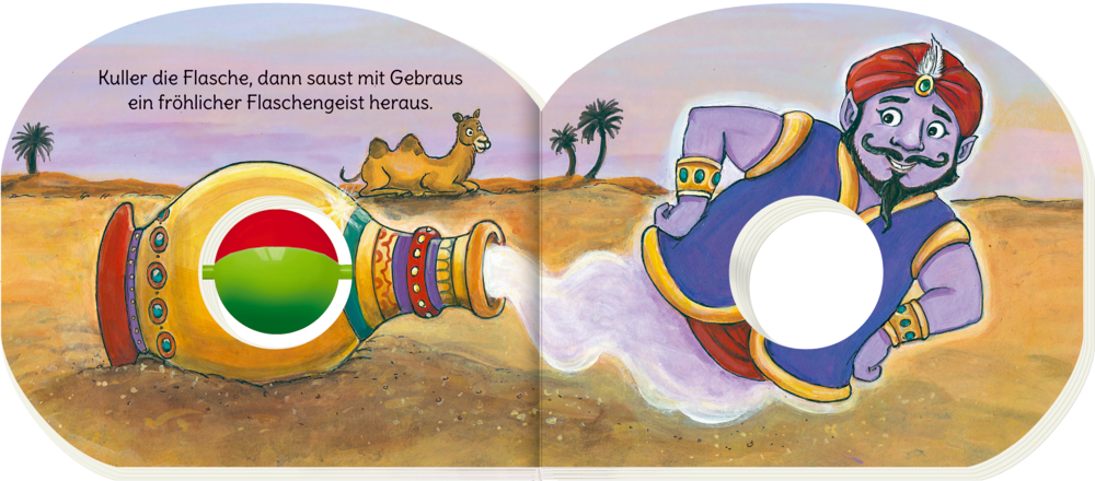 Ein fröhlicher Geist erscheint aus einer Flasche in der Wüste, mit einem Kamel und Palmen im Hintergrund, auf einer Innenansicht mit Text.