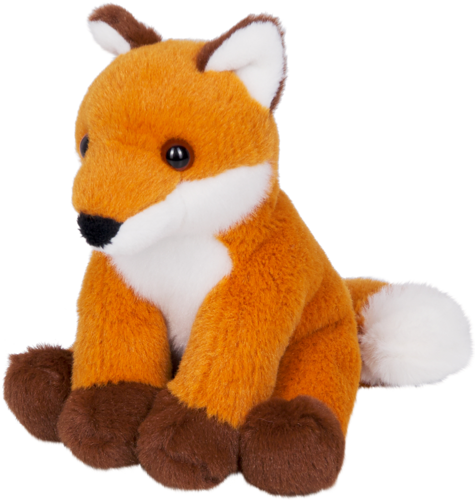 Plüschfuchs in sitzender Position mit orangefarbenem Fell, weißer Brust, braunen Pfoten und buschigem, weiß gespitztem Schwanz.