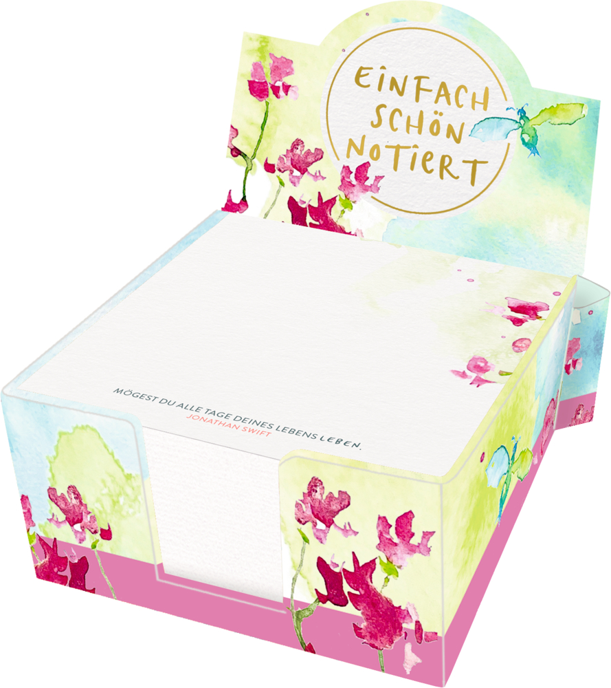 Dekorativer Notizblockhalter mit floralem Design und Text „Einfach schön notiert“ auf der Rückseite.