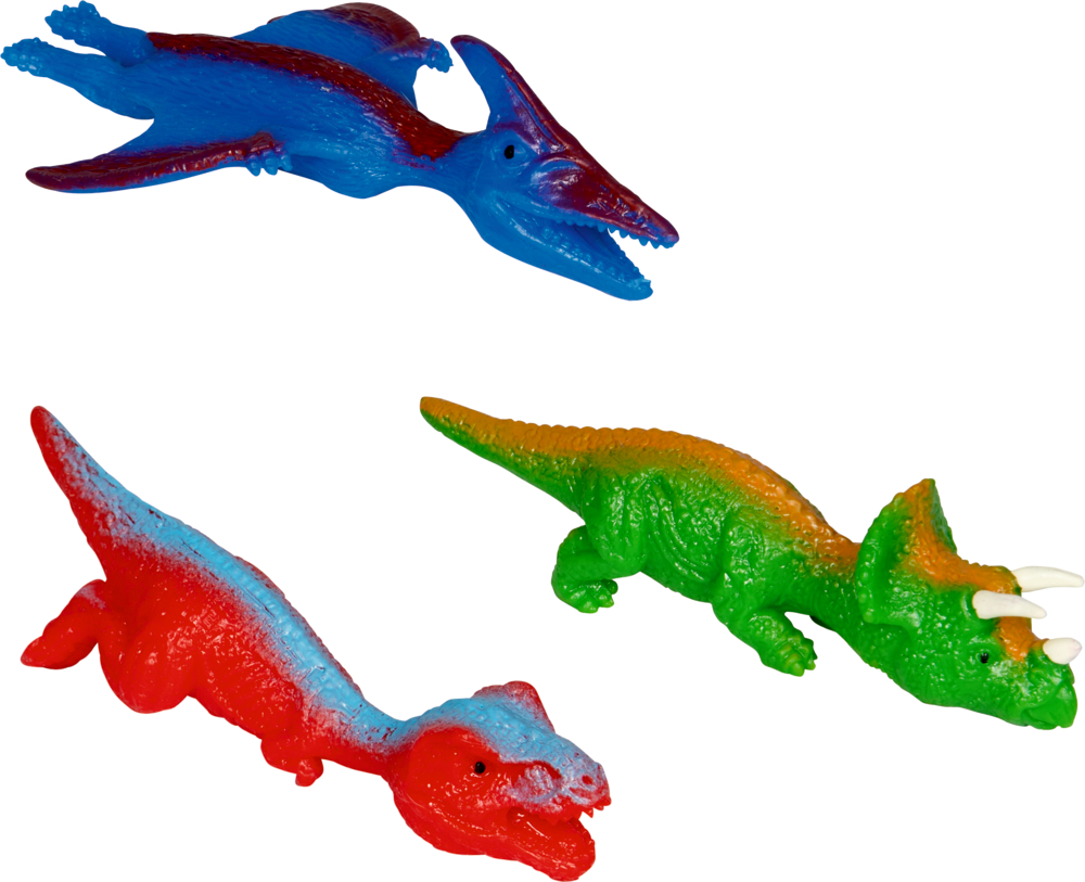 Drei bunte Dinosaurierspielzeuge aus Plastik: blauer Flugsaurier, grüner Triceratops und roter Theropode.