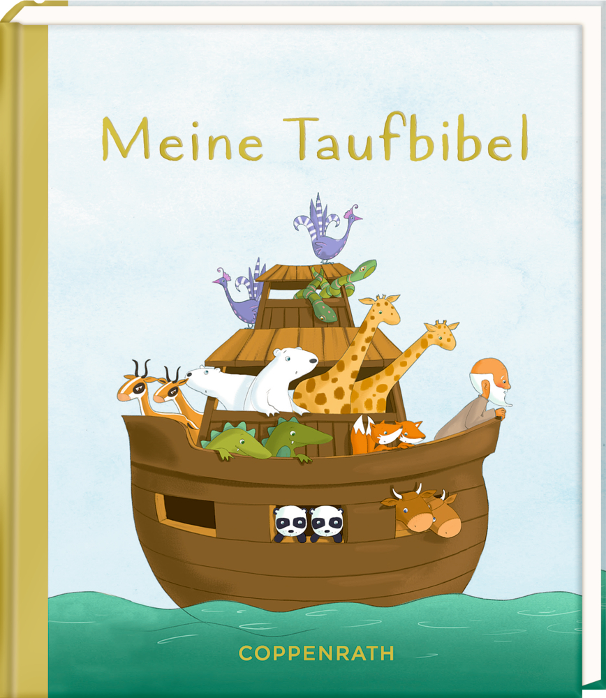 Illustrierte Arche Noah mit Tieren und Noah an Bord; Einband der Kindertaufbibel.