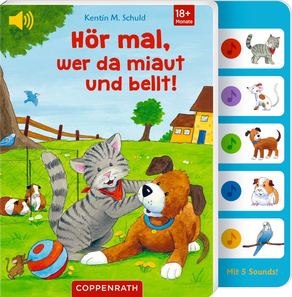 Eine Katze und ein Hund spielen draußen auf dem Cover von "Hör mal, wer da miaut und bellt!", an der Seite des Büches befinden sich Soundknöpfe.