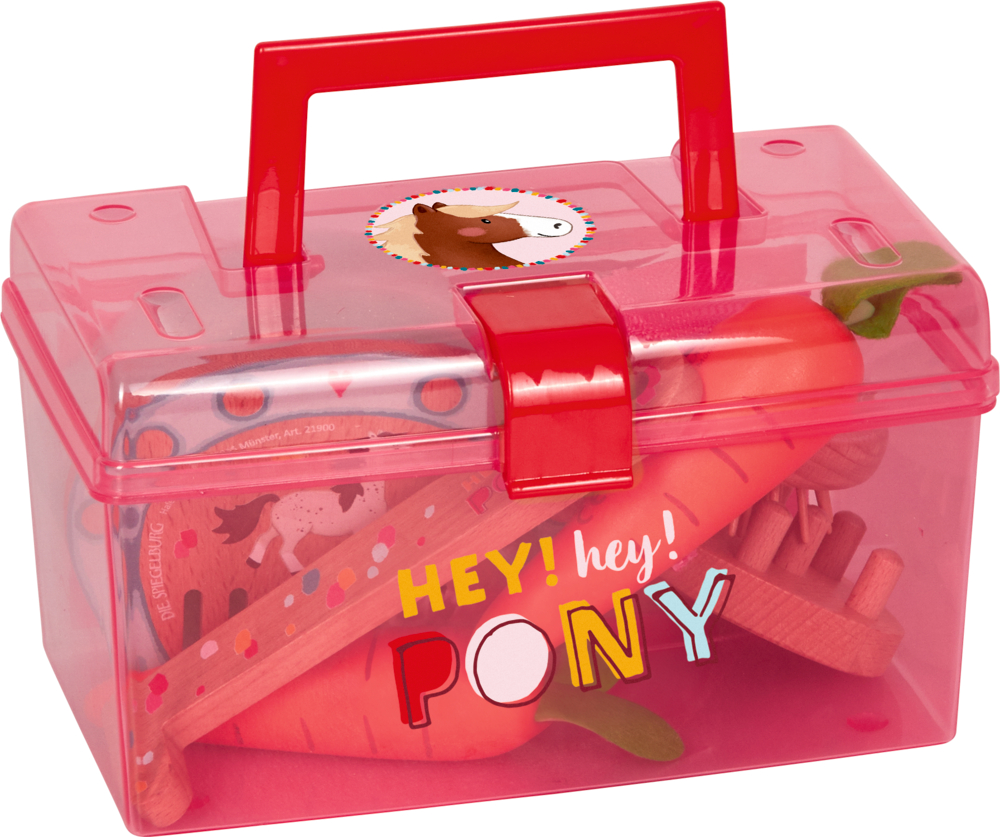 Pinkfarbene Plastikbox mit Griff und der Aufschrift „HEY! hey! PONY“, gefüllt mit Pflegezubehör für Spielzeugponys.