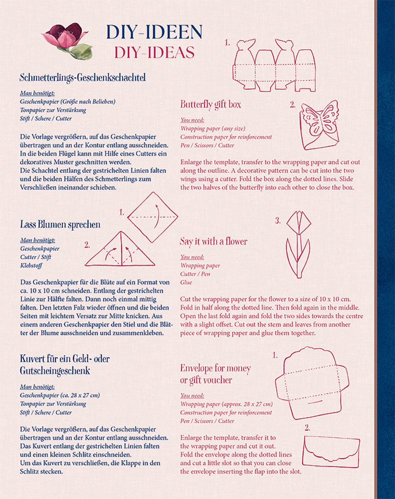 Anleitung mit Bastelvorlagen für Schmetterlingsschachtel, Papierblume und Umschlag aus Geschenkpapier in Deutsch und Englisch.