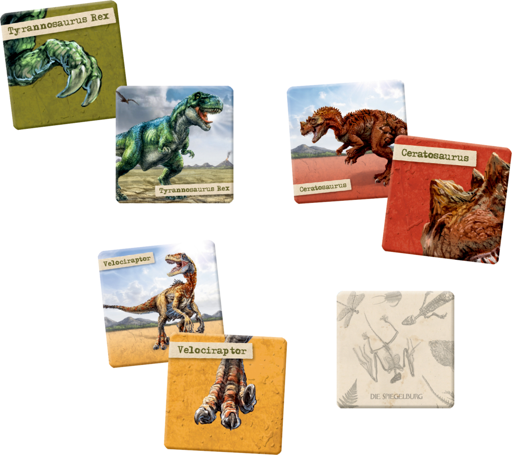 "7 quadratische Karten mit Dinosauriern und dazu passenden Körperdetails. "