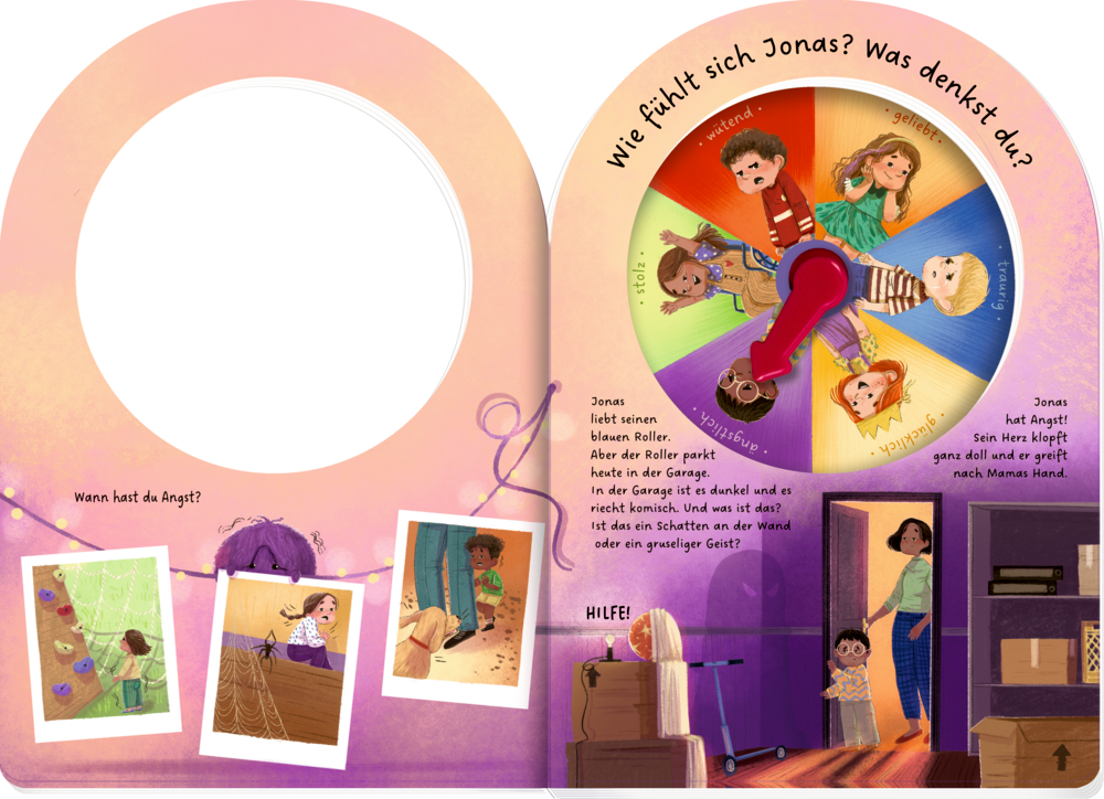 Offenes Kinderbuch mit einer Drehscheibe zu Gefühlen und Illustrationen eines Jungen in einer dunklen Garage mit seiner Mutter.