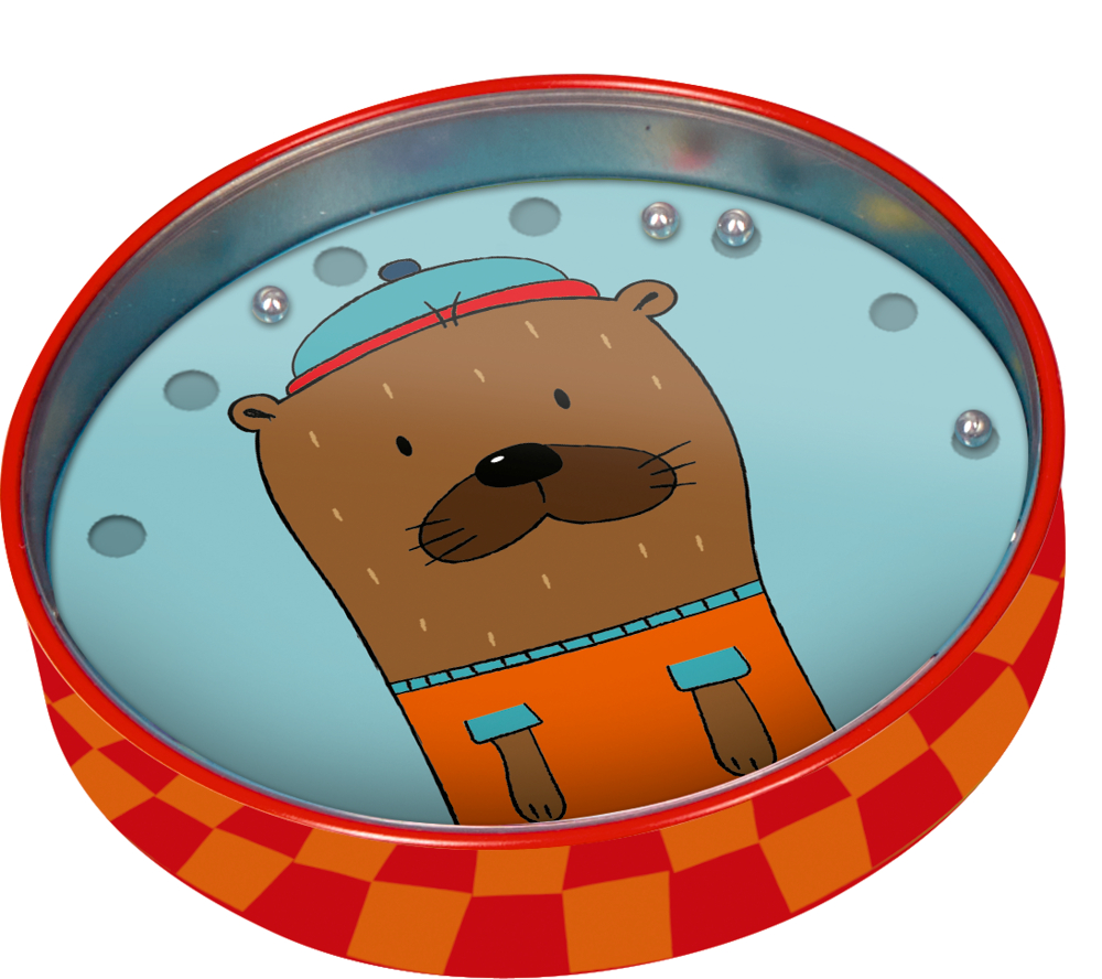 Rundes, tragbares Geduldspiel mit Metallkugeln, mit einem Zeichentrickotter in orangefarbenem Outfit und blauem Hut.