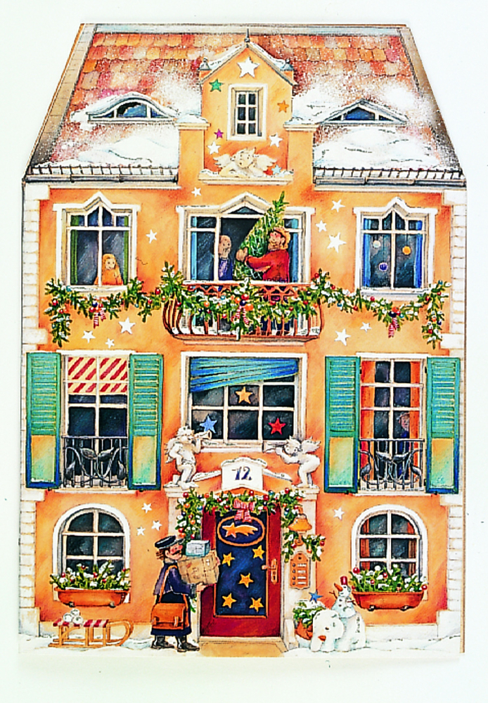 Illustration eines festlich geschmückten Hauses mit Menschen an Fenstern und einer Person an der Tür.