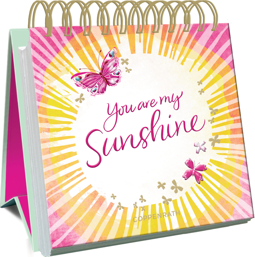 Spiralbindung, Titel You are my Sunshine, rosa Schmetterlinge, gelber Sonnenstrahlen-Hintergrund.