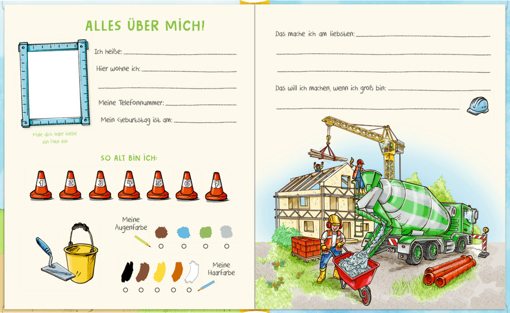 Bunte Freundebuchseite mit Ausfüllhilfen und Baustellenmotiv, Arbeiter und Fahrzeugen.
