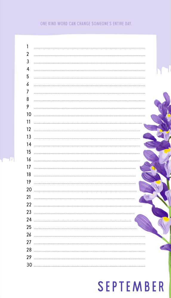 Kalenderblatt für September mit nummerierten Zeilen und violetten Blumen am rechten Rand.