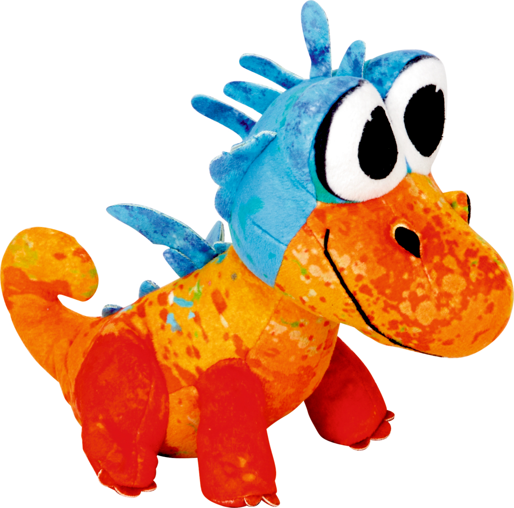 Bunter Plüschdrachemit großen Augen, blauen Stacheln und einem orange-gelb gemusterten Körper und Schwanz.