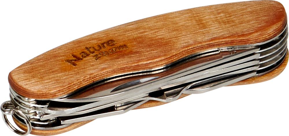 Zusammengeklapptes Taschenmesser mit Holzgriff.
