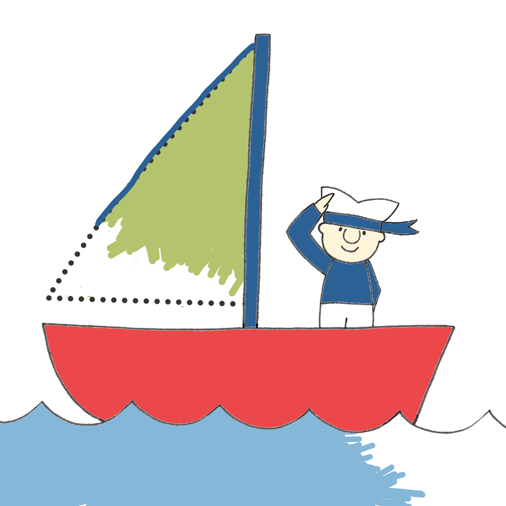 Gezeichneter Matrose steht auf rotem Segelboot mit unvollständig ausgemaltem grünem Segel auf blauem Wasser.