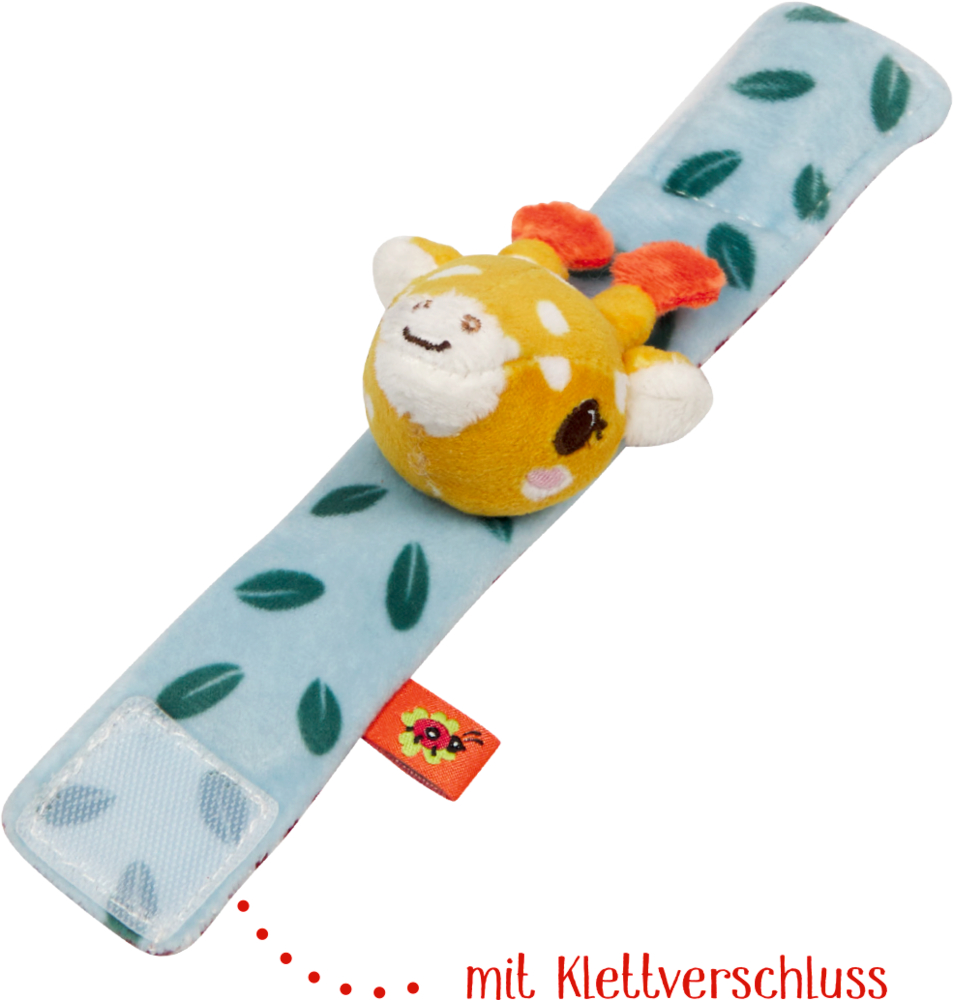Blaues Babyarmband mit plüschigem Giraffenkopf und Blattmuster, dazu Klettverschluss.