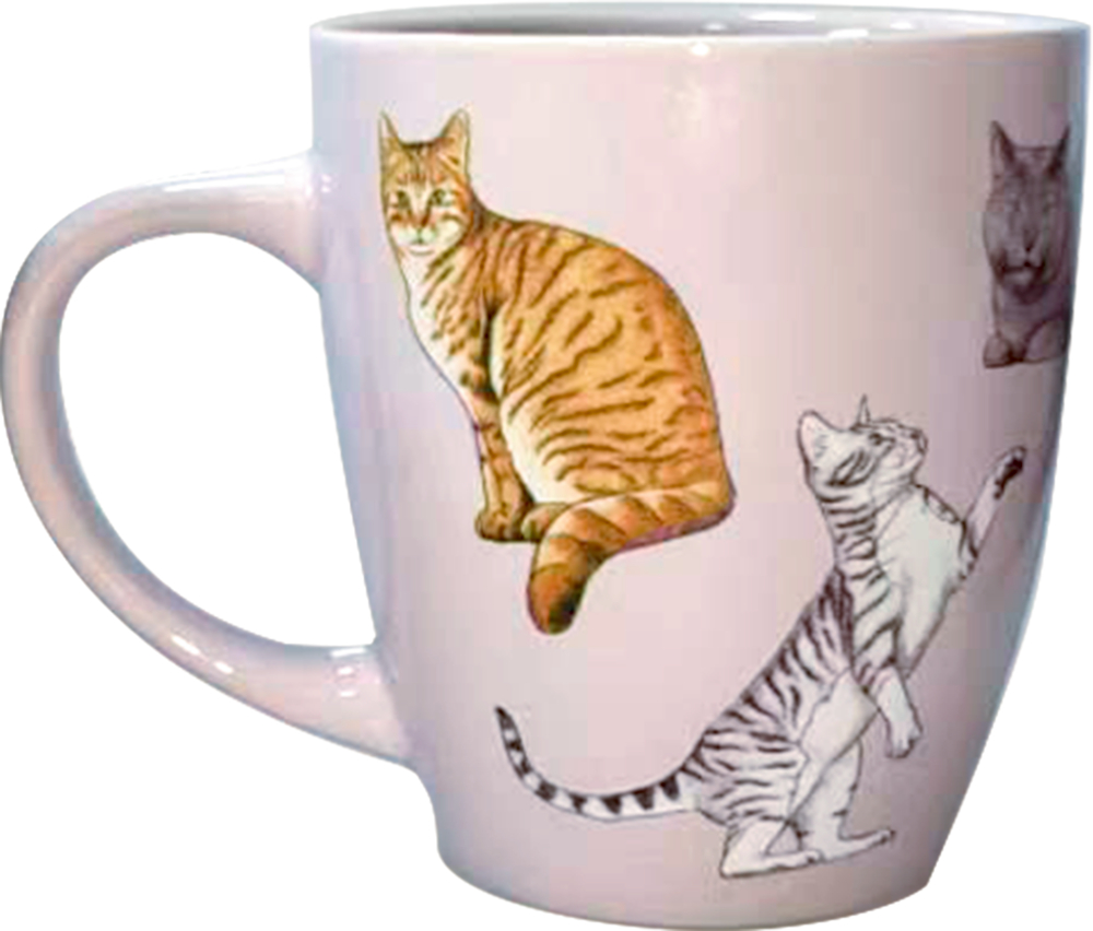 Rosa Tasse mit Illustrationen von Katzen in verschiedenen verspielten Posen.