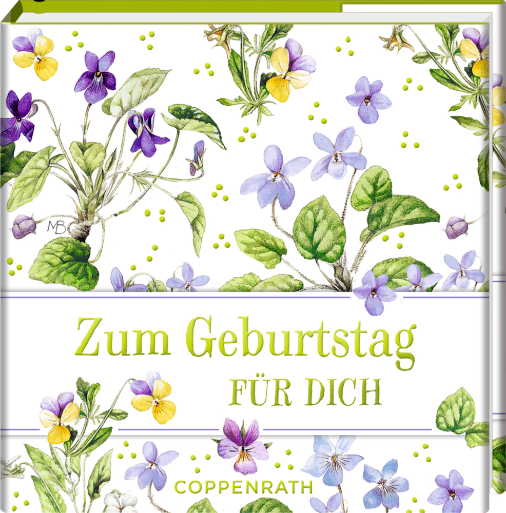 Buchcover mit violetten Blüten und grünen Blättern, Text: „Zum Geburtstag für dich“.