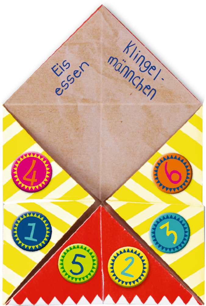 Ein buntes Papier-Faltspiel mit Zahlen und den Wörtern Eis essen und Klingelmännchen innen.