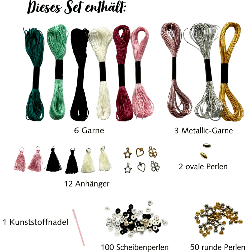 Set aus neun Garnen, zwölf Anhängern, zwei ovalen Perlen, einer Kunststoffnadel, hundert Scheiben- und fünfzig runden Perlen.